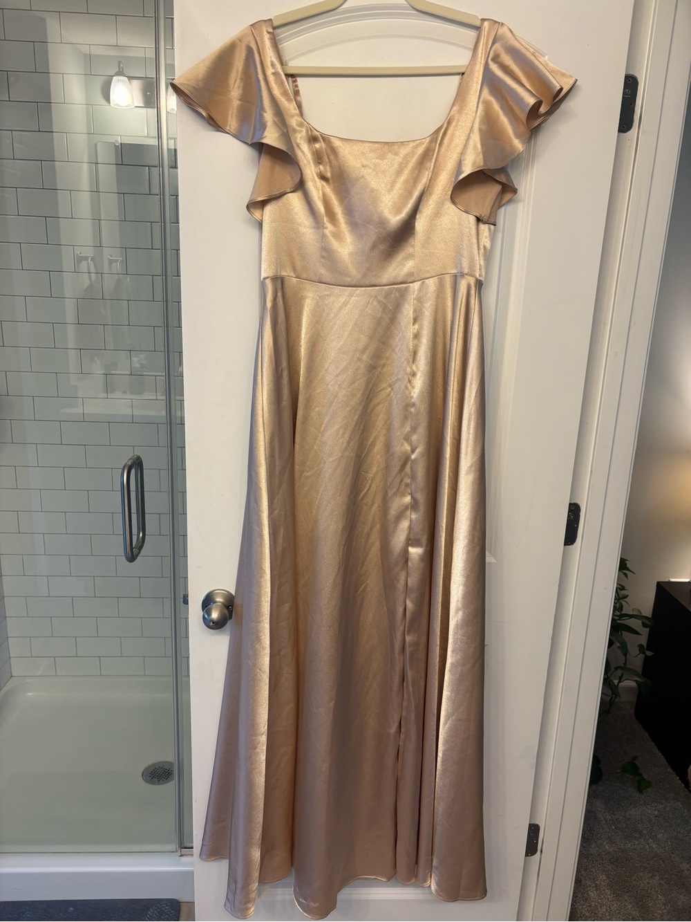 Azazie Champagne Satin Bridesmaid Dress with Flutter Sleeves